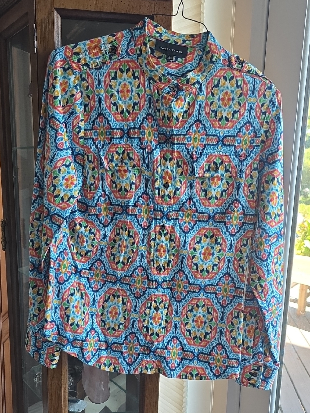 Jones New York Multicolor Geometric Print Blouse - Blue, Yellow, Red